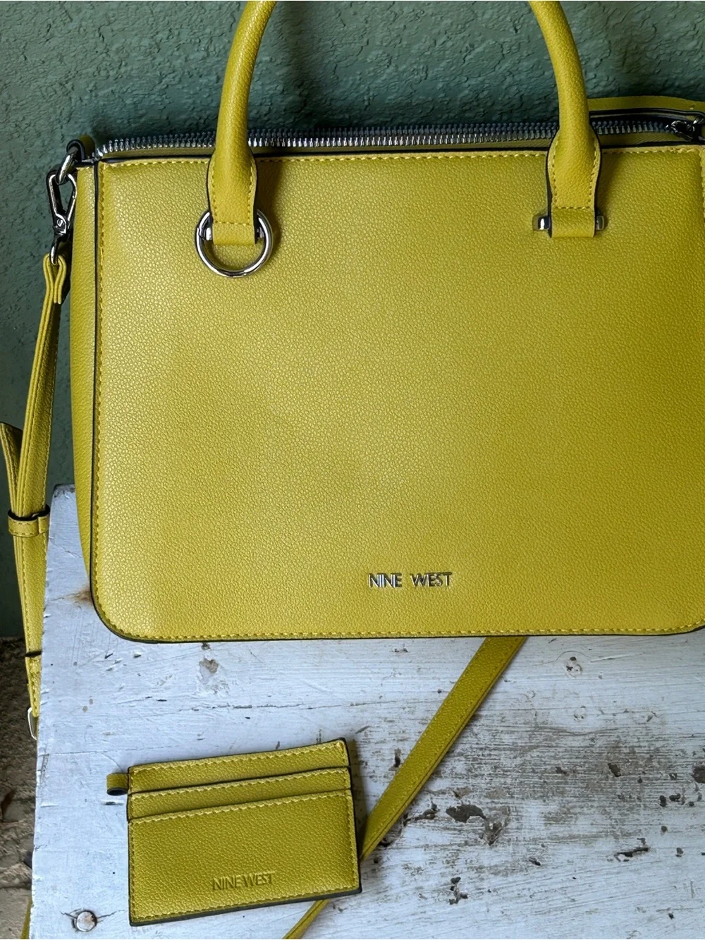 Nine West Yellow Green Structured Satchel with Detachable Strap Brand New Purse
